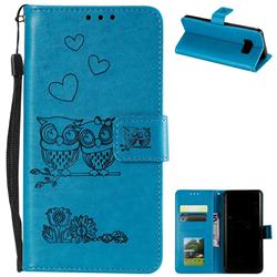 Embossing Owl Couple Flower Leather Wallet Case for Samsung Galaxy S8 - Blue