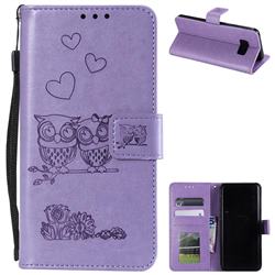 Embossing Owl Couple Flower Leather Wallet Case for Samsung Galaxy S8 - Purple
