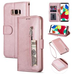 Retro Calfskin Zipper Leather Wallet Case Cover for Samsung Galaxy S8 - Rose Gold