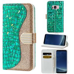 Glitter Diamond Buckle Laser Stitching Leather Wallet Phone Case for Samsung Galaxy S8 - Green