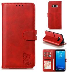 Embossing Happy Cat Leather Wallet Case for Samsung Galaxy S8 - Red