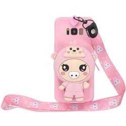 Pink Pig Neck Lanyard Zipper Wallet Silicone Case for Samsung Galaxy S8 Plus S8+