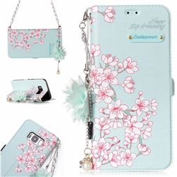 Cherry Blossoms Endeavour Florid Pearl Flower Pendant Metal Strap PU Leather Wallet Case for Samsung Galaxy S8 Plus S8+