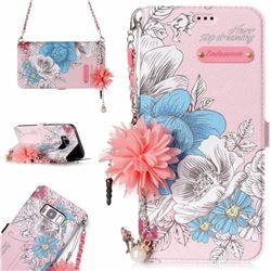 Pink Blue Rose Endeavour Florid Pearl Flower Pendant Metal Strap PU Leather Wallet Case for Samsung Galaxy S8 Plus S8+