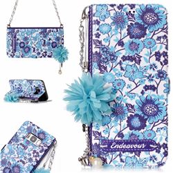 Blue-and-White Endeavour Florid Pearl Flower Pendant Metal Strap PU Leather Wallet Case for Samsung Galaxy S8 Plus S8+