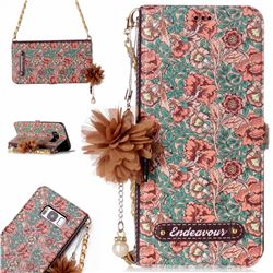 Impatiens Endeavour Florid Pearl Flower Pendant Metal Strap PU Leather Wallet Case for Samsung Galaxy S8 Plus S8+
