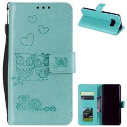 Embossing Owl Couple Flower Leather Wallet Case for Samsung Galaxy S8 Plus S8+ - Green