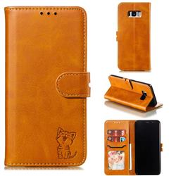 Embossing Happy Cat Leather Wallet Case for Samsung Galaxy S8 Plus S8+ - Yellow