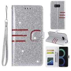 Retro Stitching Glitter Leather Wallet Phone Case for Samsung Galaxy S8 Plus S8+ - Silver