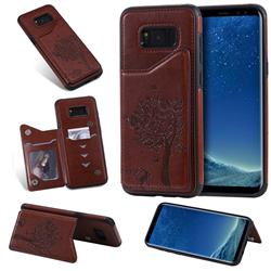 Luxury R61 Tree Cat Magnetic Stand Card Leather Phone Case for Samsung Galaxy S8 Plus S8+ - Brown