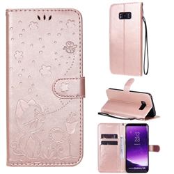 Embossing Bee and Cat Leather Wallet Case for Samsung Galaxy S8 Plus S8+ - Rose Gold