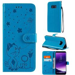 Embossing Bee and Cat Leather Wallet Case for Samsung Galaxy S8 Plus S8+ - Blue