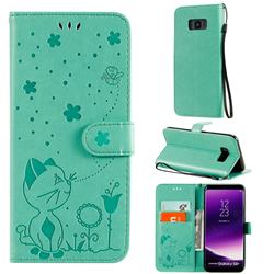 Embossing Bee and Cat Leather Wallet Case for Samsung Galaxy S8 Plus S8+ - Green