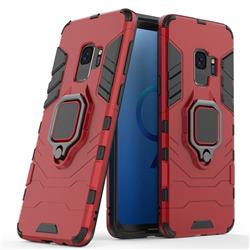 Black Panther Armor Metal Ring Grip Shockproof Dual Layer Rugged Hard Cover for Samsung Galaxy S9 - Red