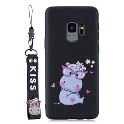 Black Flower Hippo Soft Kiss Candy Hand Strap Silicone Case for Samsung Galaxy S9