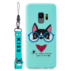 Green Glasses Dog Soft Kiss Candy Hand Strap Silicone Case for Samsung Galaxy S9
