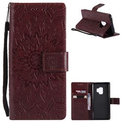 Embossing Sunflower Leather Wallet Case for Samsung Galaxy S9 - Brown