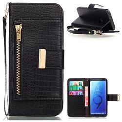 Retro Crocodile Zippers Leather Wallet Case for Samsung Galaxy S9 - Black