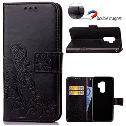 Embossing Imprint Four-Leaf Clover Leather Wallet Case for Samsung Galaxy S9 - Black