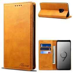 Suteni Simple Style Calf Stripe Leather Wallet Phone Case for Samsung Galaxy S9 - Khaki