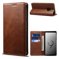 Suteni Simple Style Calf Stripe Leather Wallet Phone Case for Samsung Galaxy S9 - Brown