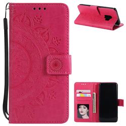 Intricate Embossing Datura Leather Wallet Case for Samsung Galaxy S9 - Rose Red