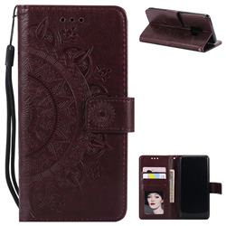 Intricate Embossing Datura Leather Wallet Case for Samsung Galaxy S9 - Brown