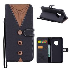 Mens Button Clothing Style Leather Wallet Phone Case for Samsung Galaxy S9 - Black