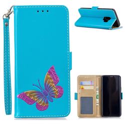 Imprint Embossing Butterfly Leather Wallet Case for Samsung Galaxy S9 - Sky Blue