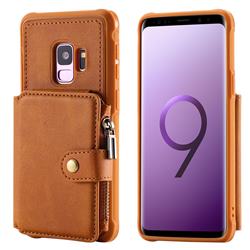Retro Luxury Multifunction Zipper Leather Phone Back Cover for Samsung Galaxy S9 - Brown