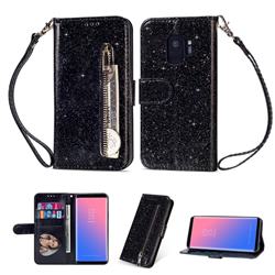 Glitter Shine Leather Zipper Wallet Phone Case for Samsung Galaxy S9 - Black