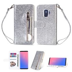 Glitter Shine Leather Zipper Wallet Phone Case for Samsung Galaxy S9 - Silver