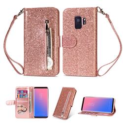 Glitter Shine Leather Zipper Wallet Phone Case for Samsung Galaxy S9 - Pink