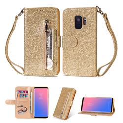 Glitter Shine Leather Zipper Wallet Phone Case for Samsung Galaxy S9 - Gold