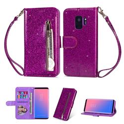 Glitter Shine Leather Zipper Wallet Phone Case for Samsung Galaxy S9 - Purple