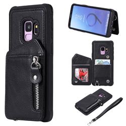 Classic Luxury Buckle Zipper Anti-fall Leather Phone Back Cover for Samsung Galaxy S9 - Black