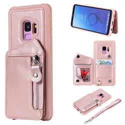 Classic Luxury Buckle Zipper Anti-fall Leather Phone Back Cover for Samsung Galaxy S9 - Pink