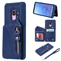 Classic Luxury Buckle Zipper Anti-fall Leather Phone Back Cover for Samsung Galaxy S9 - Blue