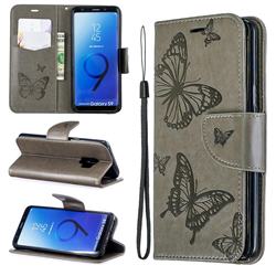 Embossing Double Butterfly Leather Wallet Case for Samsung Galaxy S9 - Gray