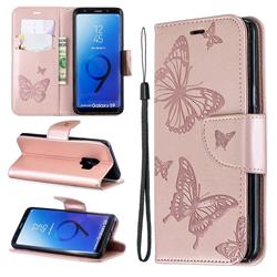 Embossing Double Butterfly Leather Wallet Case for Samsung Galaxy S9 - Rose Gold