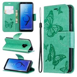 Embossing Double Butterfly Leather Wallet Case for Samsung Galaxy S9 - Green
