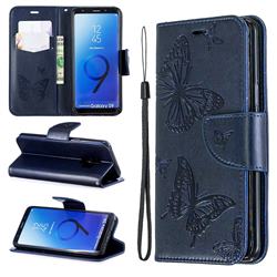 Embossing Double Butterfly Leather Wallet Case for Samsung Galaxy S9 - Dark Blue