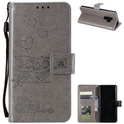 Embossing Owl Couple Flower Leather Wallet Case for Samsung Galaxy S9 - Gray
