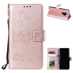 Embossing Owl Couple Flower Leather Wallet Case for Samsung Galaxy S9 - Rose Gold