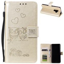 Embossing Owl Couple Flower Leather Wallet Case for Samsung Galaxy S9 - Golden