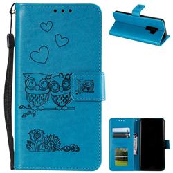 Embossing Owl Couple Flower Leather Wallet Case for Samsung Galaxy S9 - Blue