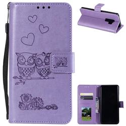 Embossing Owl Couple Flower Leather Wallet Case for Samsung Galaxy S9 - Purple