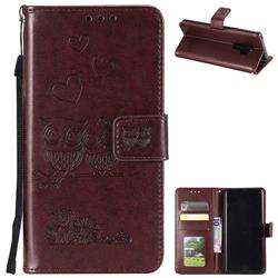 Embossing Owl Couple Flower Leather Wallet Case for Samsung Galaxy S9 - Brown