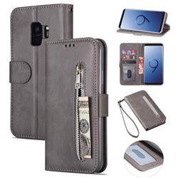 Retro Calfskin Zipper Leather Wallet Case Cover for Samsung Galaxy S9 - Grey