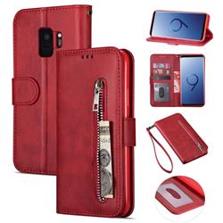 Retro Calfskin Zipper Leather Wallet Case Cover for Samsung Galaxy S9 - Red